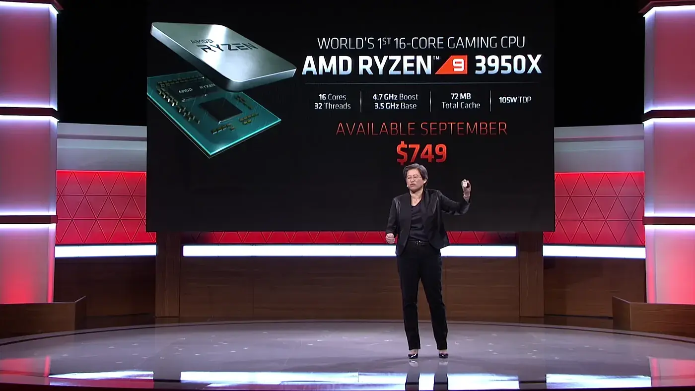 AMD CEO Lisa Su revealing the price of the Ryzen 9 3950X in their “Next Horizon” event in June 2019. This event also saw the announcements of other Zen 2 CPU’s including the Threadripper 3990X.